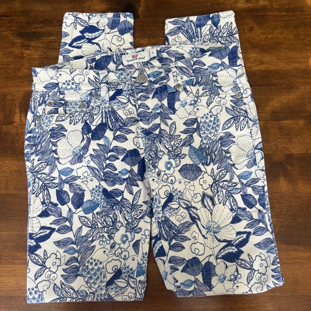 Vineyard Vines Nautical Floral Print Blue White Denim Jeans Size 4